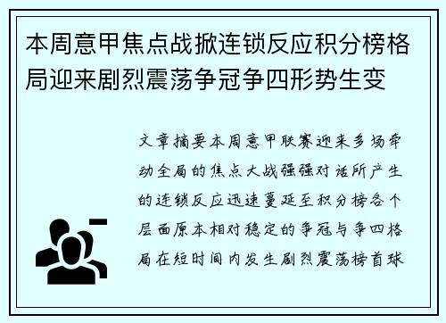 本周意甲焦点战掀连锁反应积分榜格局迎来剧烈震荡争冠争四形势生变 本周意甲焦点战掀连锁反应积分榜格局迎来剧烈震荡争冠争四形势生变